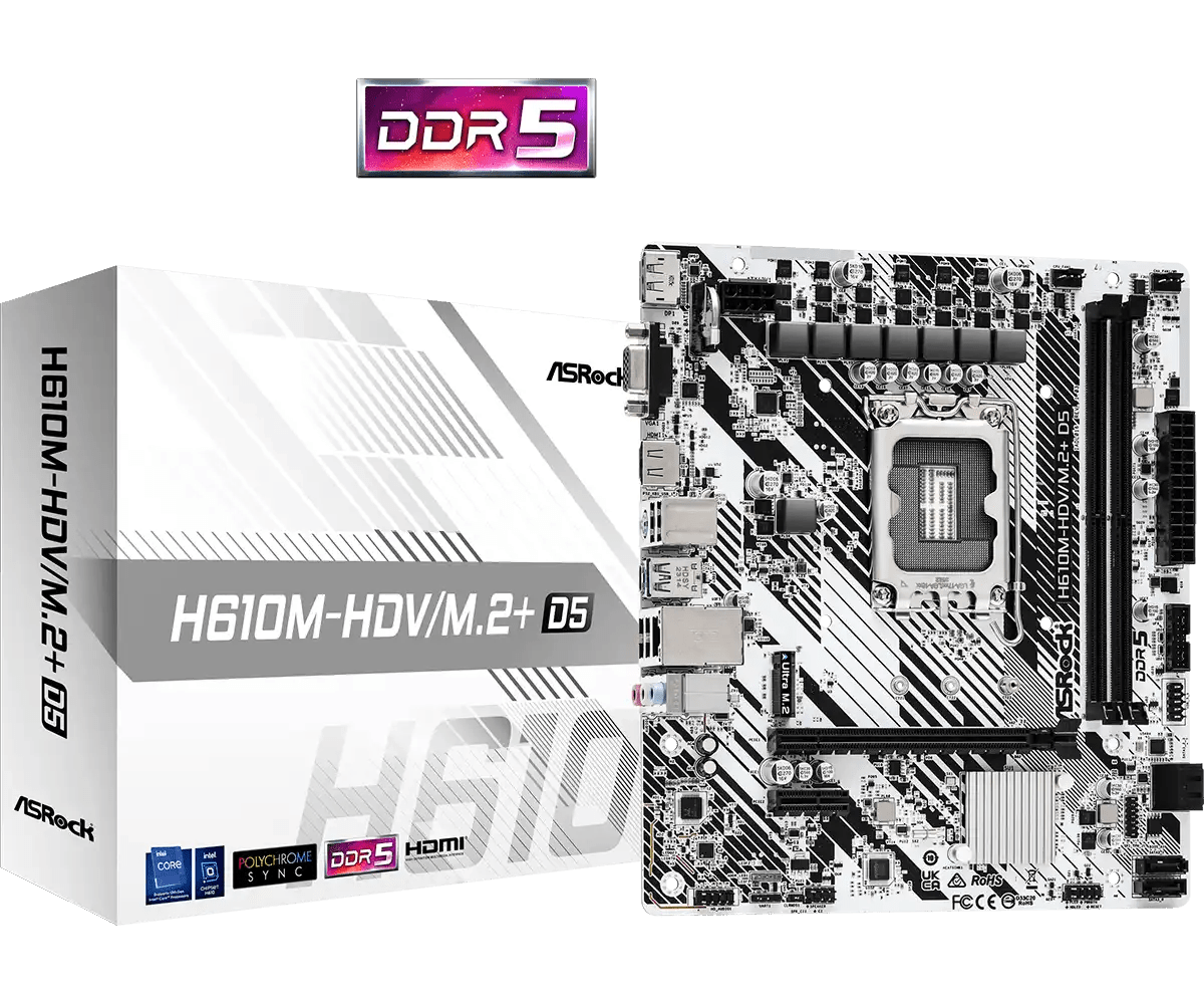 ASRock H610M - HDV/M.2+ D5 LGA 1700 Socket Intel Motherboard | 90 - MXBM50 - A0UAYZ - Vektra Computers LLC ASRock H610M - HDV/M.2+ D5 LGA 1700 Socket Intel Motherboard | 90 - MXBM50 - A0UAYZ - Vektra Computers LLC
